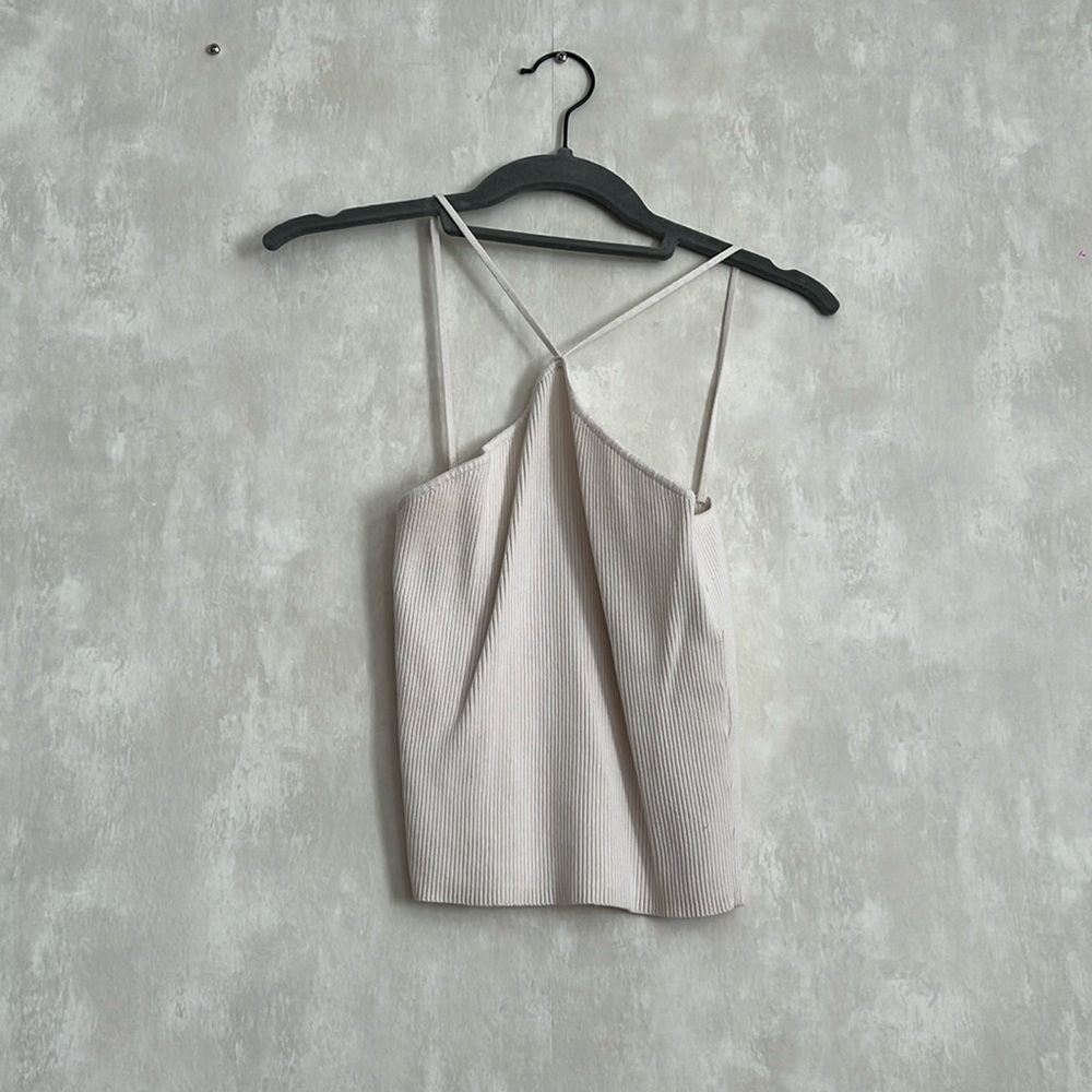 Crossed halted knit cream top